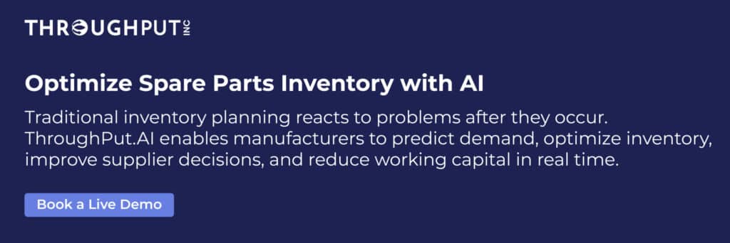 Optimize Spare Parts Inventory with AI
Traditional inventory planning reacts to problems after they occur. ThroughPut.AI enables manufacturers to predict demand, optimize inventory, improve supplier decisions, and reduce working capital in real time.
Book a Live Demo